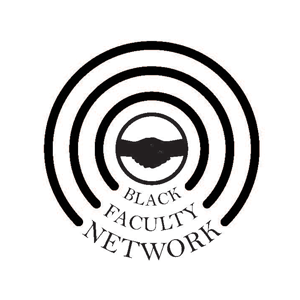 Black and white image of the Black Faculty Network: circles with a handshake in the center