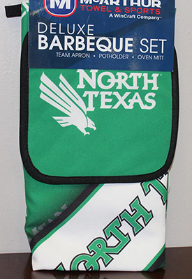 Photo of May give-away prize: a UNT themed barbecue apron, potholder and oven mitt