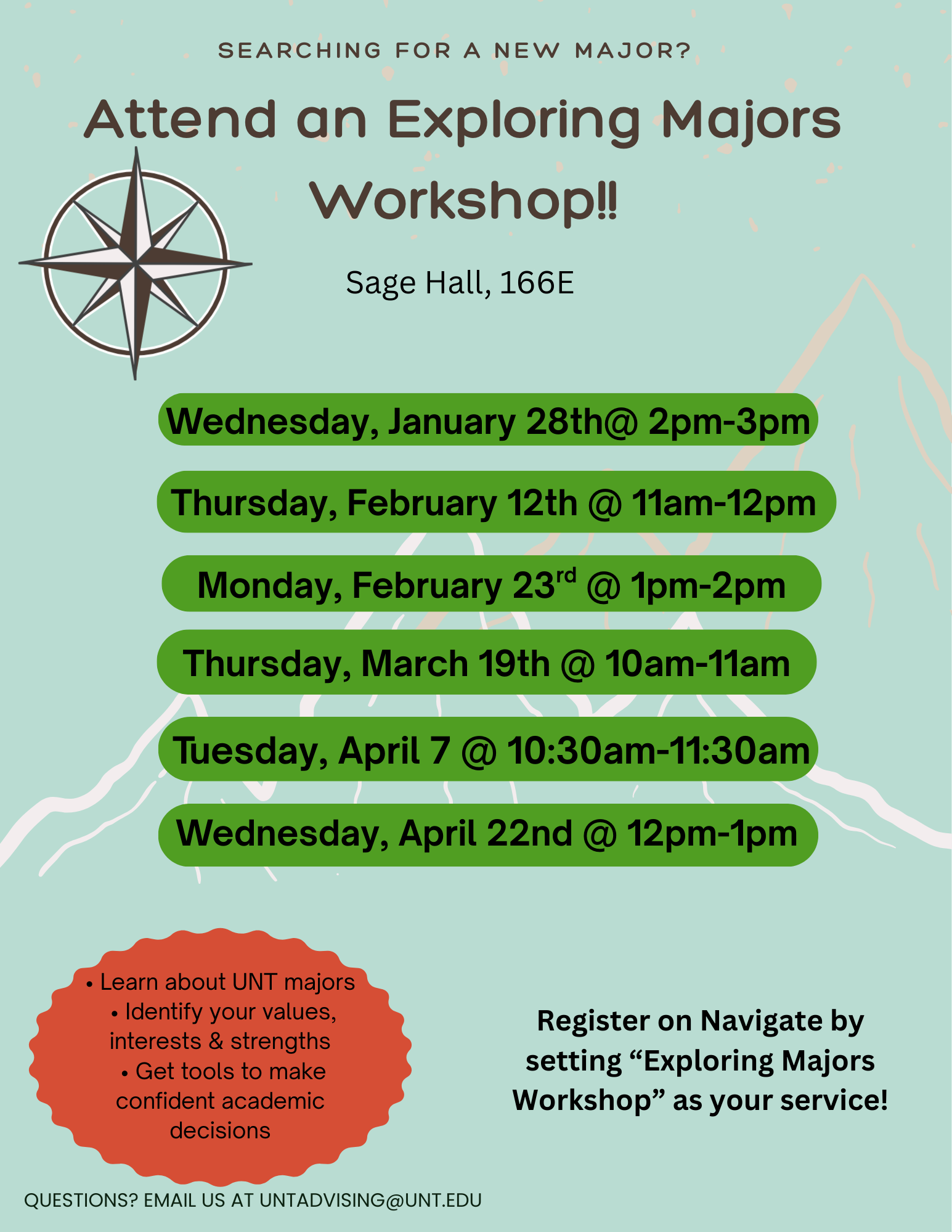 clickable flyer for spring exploring majors workshops
