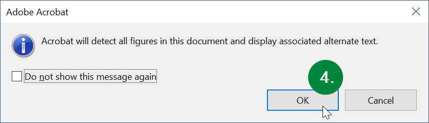 Screen capture of Adobe Acrobat, showing a confirmation pop-up window for detection of all figures in the PDF.