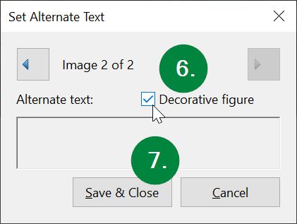 Screen capture of Adobe Acrobat, showing the Set Alternate Text and the Decorative figure checkbox checked.