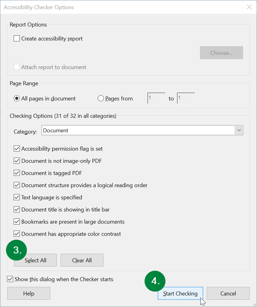 Screen capture of Microsoft PowerPoint, showing selection Checking Options and button locations.