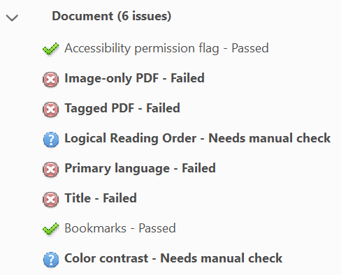 Screen capture of Adobe Acrobat, showing location of Accessibility Check results.