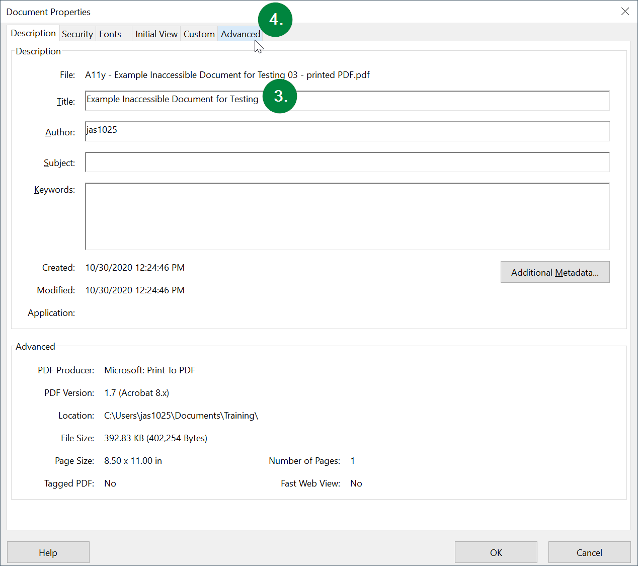 Screen capture of Adobe Acrobat, showing Document Properties window, and location of Title property.