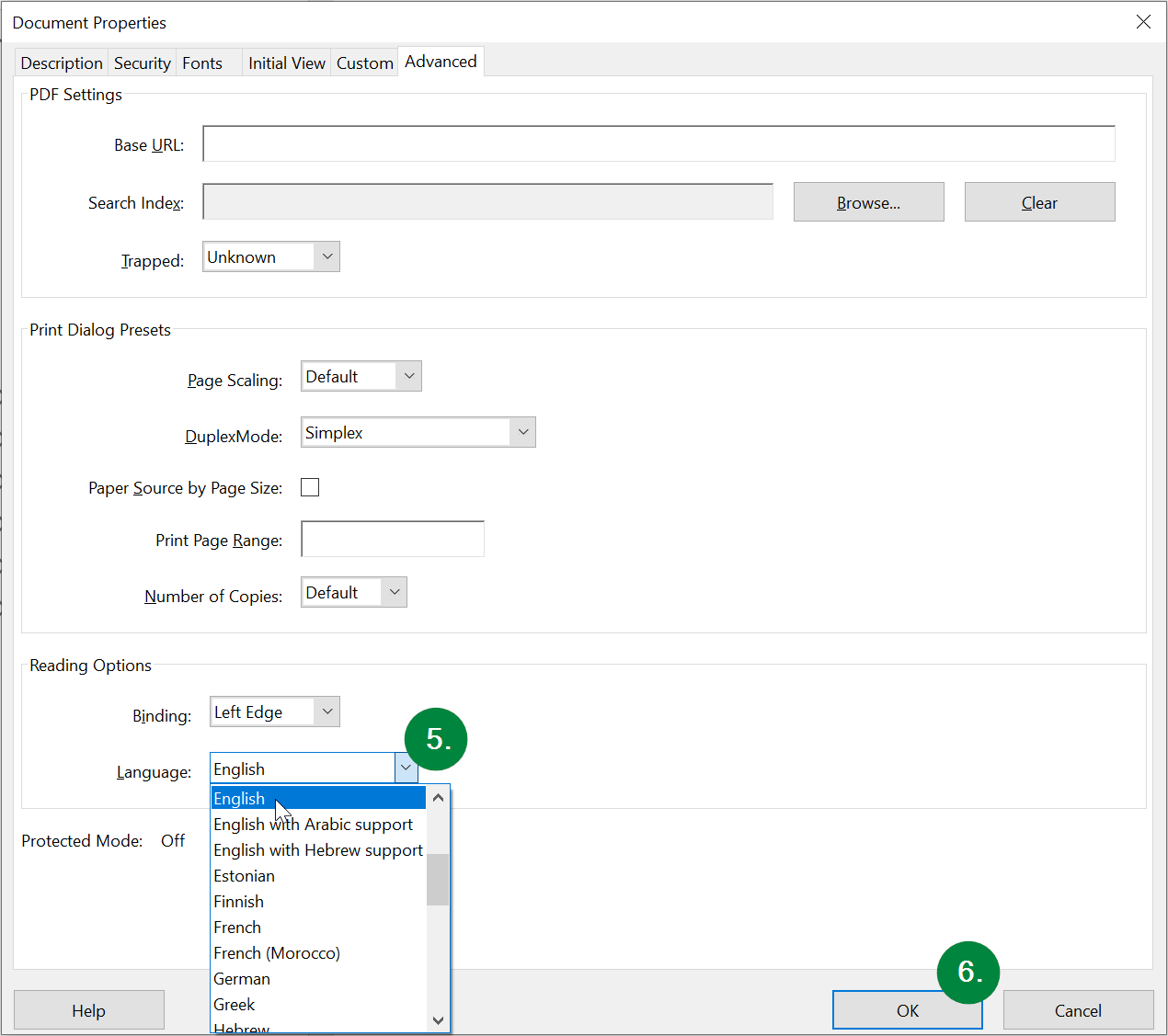 Screen capture of Adobe Acrobat, showing Document Properties window and location of language property.