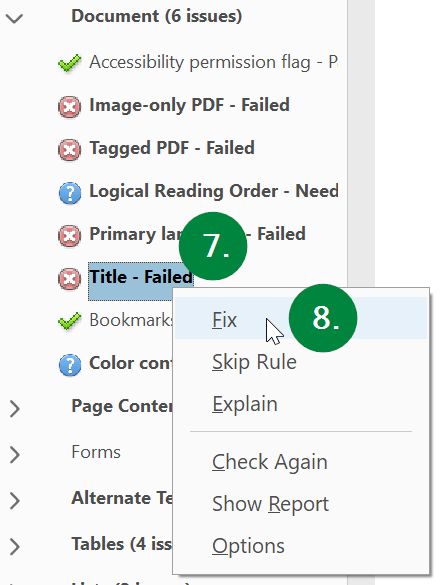 Screen capture of Adobe Acrobat, showing the Title in the accesibility check results.