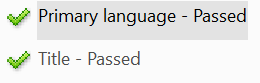 Screen capture of Adobe Acrobat, showing the Passed status of both language and title properties.