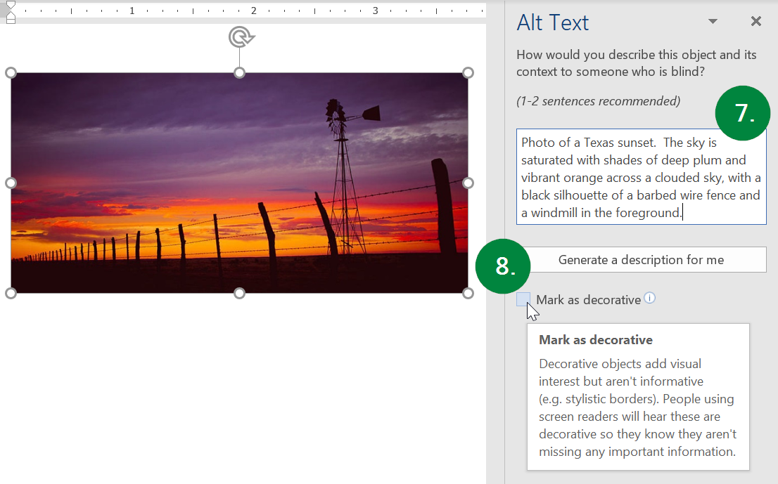 Screen capture of the Alt Text pane in Microsoft Word.