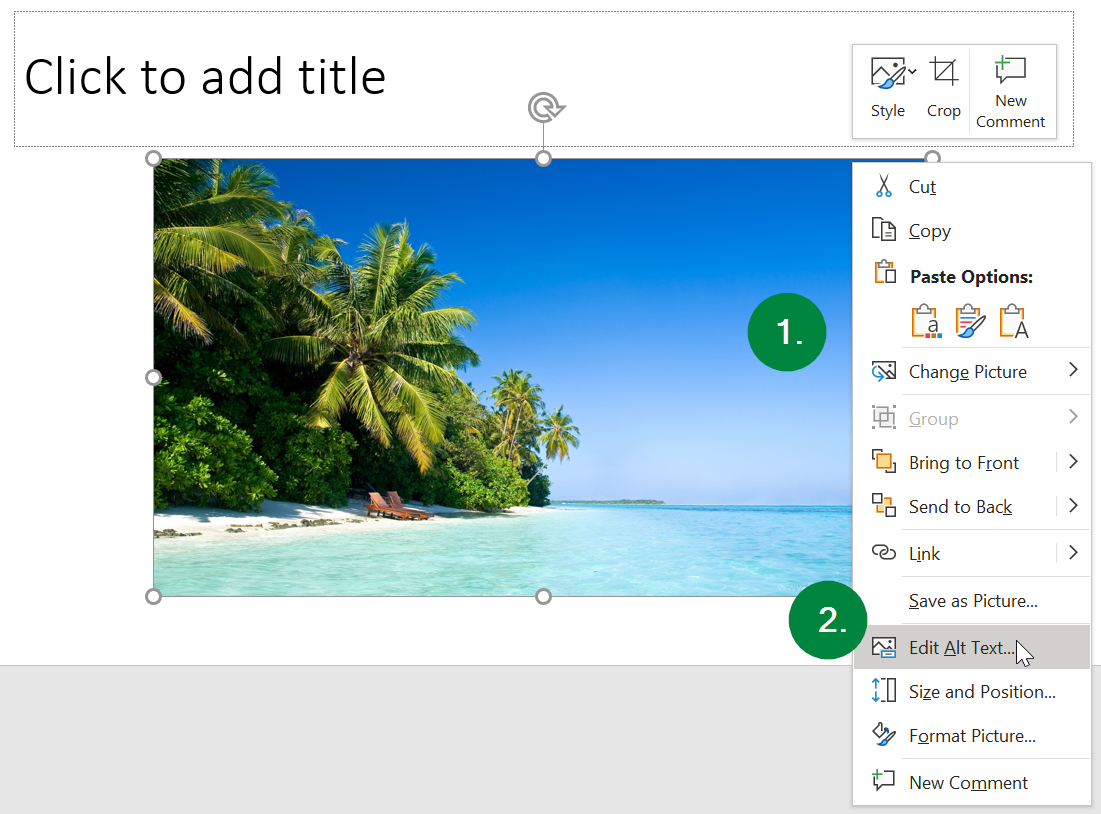 Screen capture of an image in a slide in Microsoft PowerPoint, and the right-click menu.
