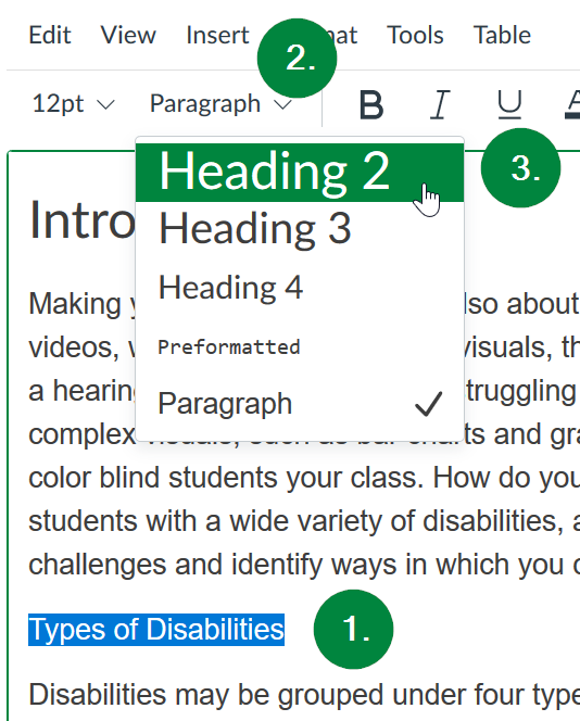 Screen capture of Canvas window showing location of text styles drop-down menu in toolbar