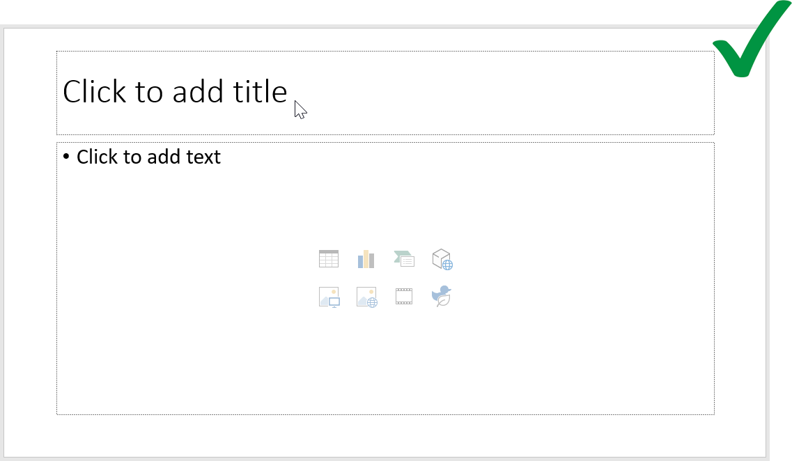Screen capture of PowerPoint, showing a blank slide with its default placeholders for the slide title and body content.