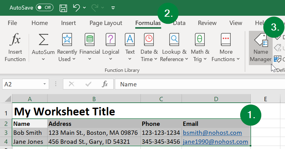 Steps 1 through 3 of Defining the Regions in an Excel Document