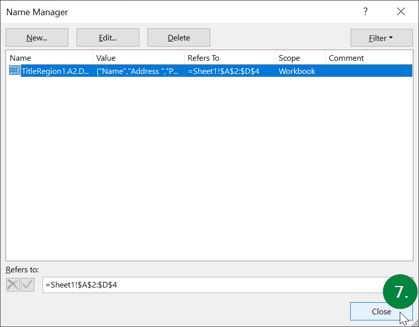 Step 7 of Defining the Regions in an Excel Document