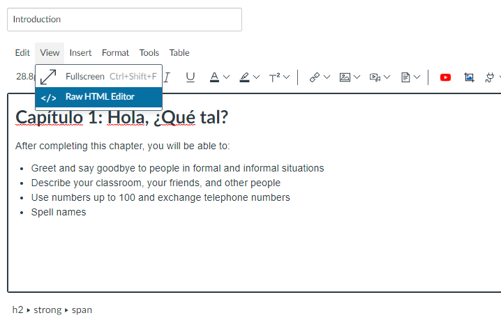 Screen capture of a Canvas page in rich content editing mode showing the steps to access the raw HTML editor.