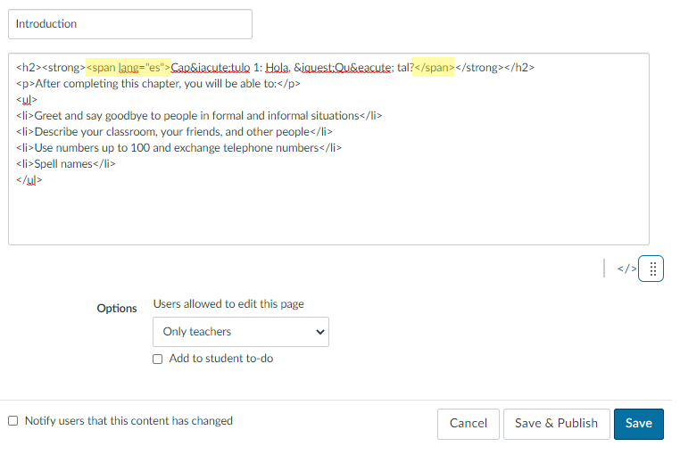 Screen capture of the HTML editor page in Canvas, showing a sentence tagged with the lang attribution.