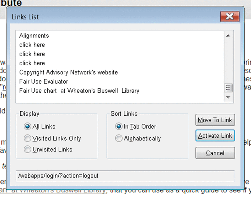 JAWS Links List Window