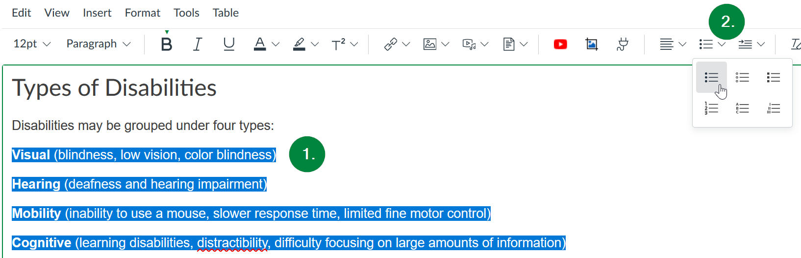 Screen capture of Canvas showing location of numbered list button in toolbar