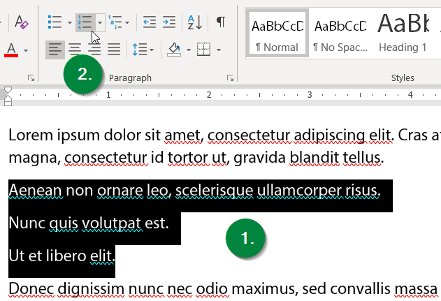 Screen capture of Microsoft Word showing location of numbered list button in ribbon toolbar