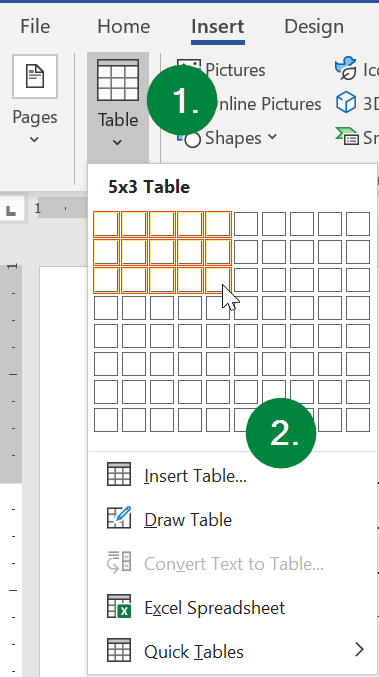Screen capture of Microsoft Word showing the location of the Insert ribbon menu and the table menu options.