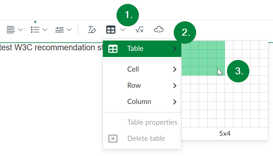 Screen capture of Canvas, showing location of tables button in toolbar