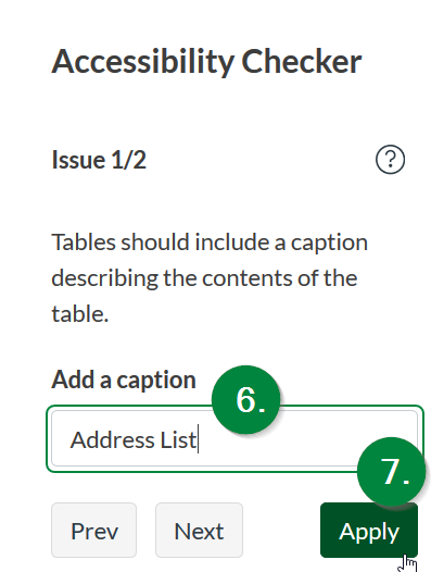 Screen capture of Canvas, showing location of table caption field in right-side pane