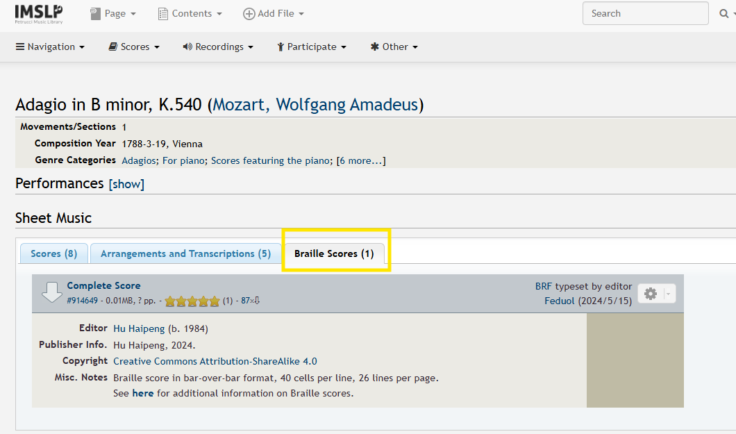 IMSLP Page entry for Mozart's Adagio in B Minor with the tab for Braille Scores selected to display brailler options.