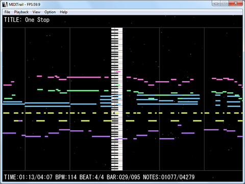 MIDITrail interface with single keyboard and multiple colored lines representing individual instruments crossing at the respective pitches