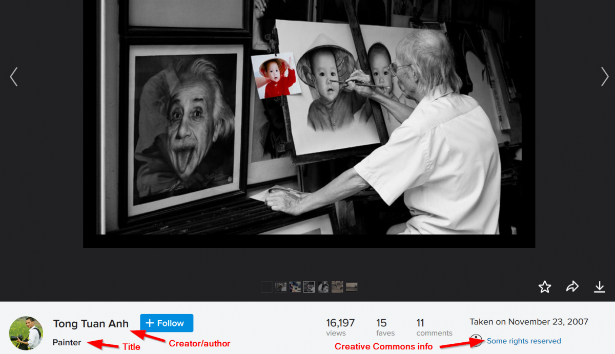 Screen capture of Flickr.com, showing where the attribution caption information is located