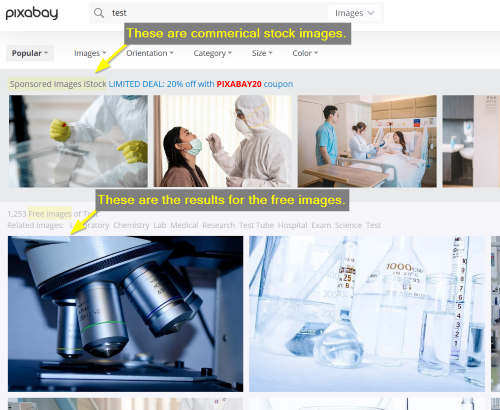 Pixabay Example Showing Stock vs. Free Images