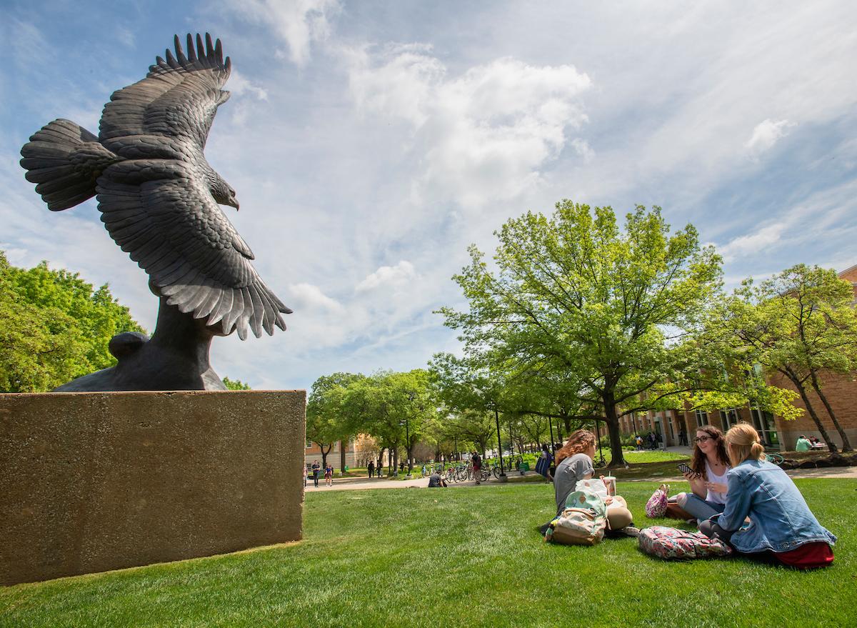 Students sitting on the lawn by the UNT Soaring Eagle Sculpture