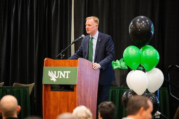 UNT President Keller at the podium