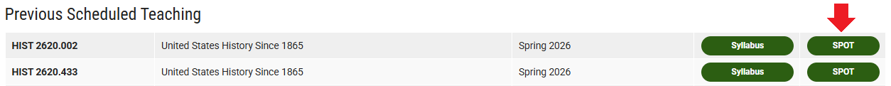 Previous Scheduled Teaching list showing SPOT button location